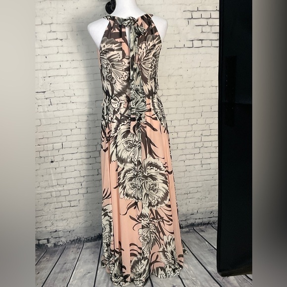 Eliza J Pink Black Floral Print Chiffon Maxi Dress Neck Tie Hidden Zippe… - Picture 7 of 11